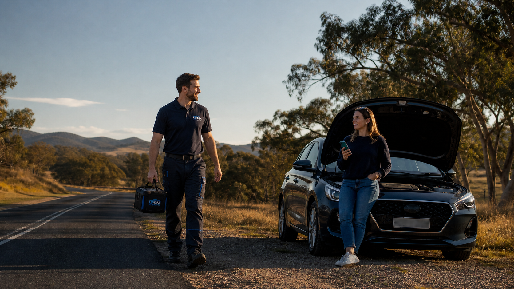 P&M Automotive mobile technician approaching a motorist beside a broken-down car on an Australian roadside